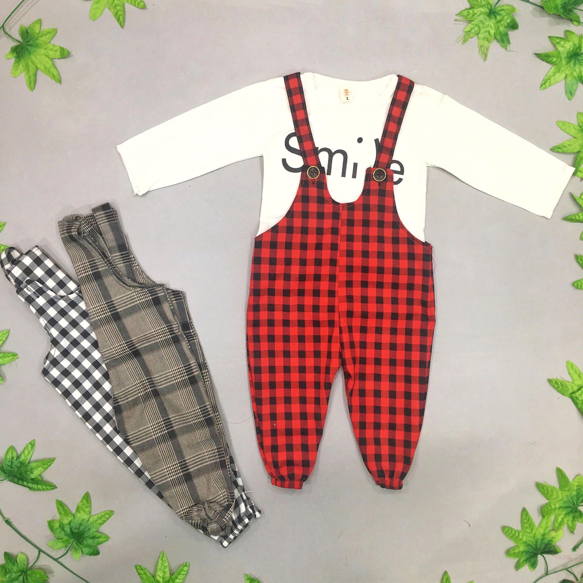 [HCM]Quần áo trẻ em set áo và yếm caro Smile bé trai bé gái từ 8kg đến 18kg chất thun cotton và vải kate