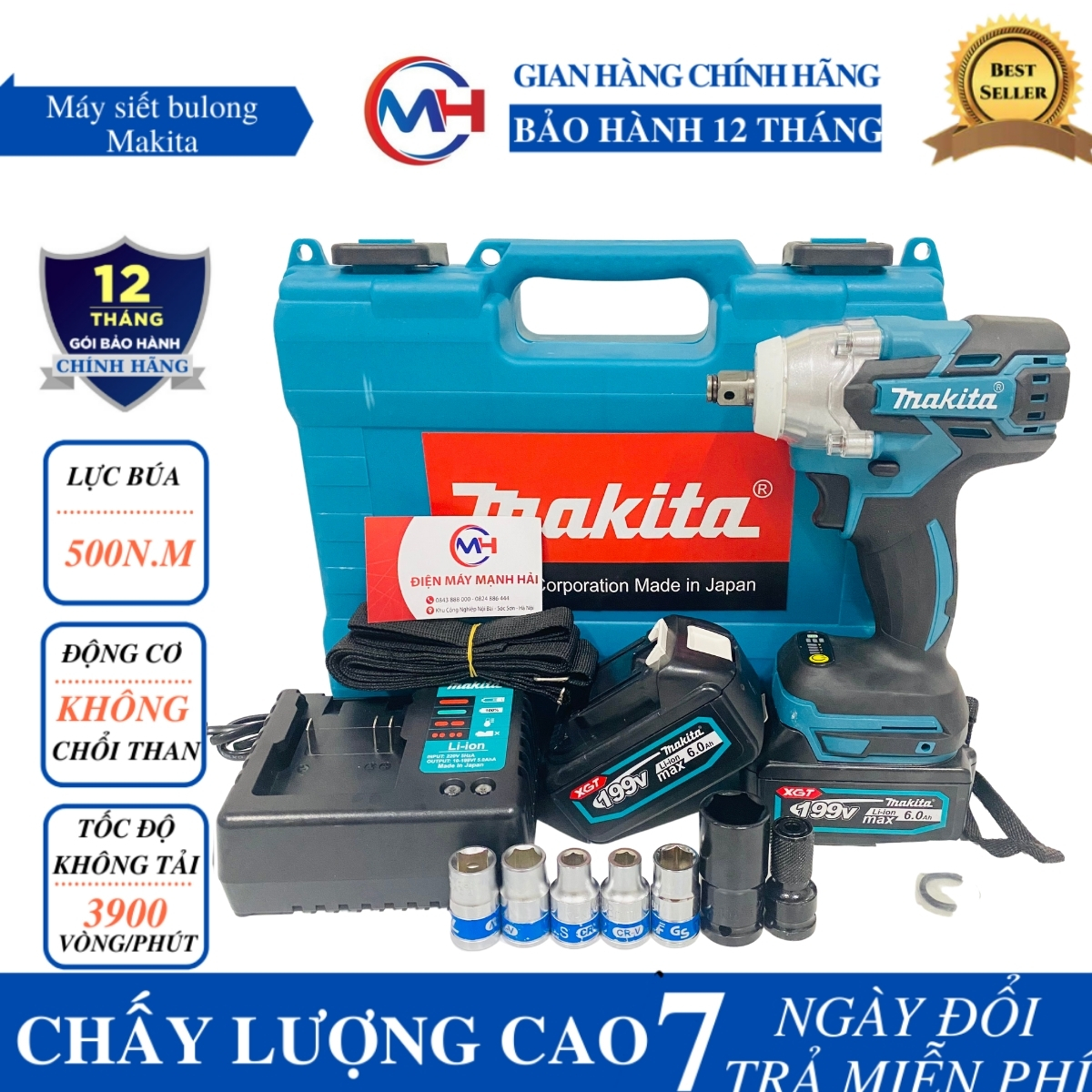 Máy siết bulong makita 199V - 2 Pin khủng 10Cell -  Máy bắn bulong không chổi than Tặng 6 đầu khẩu cao cấp và đầu chuyển vít