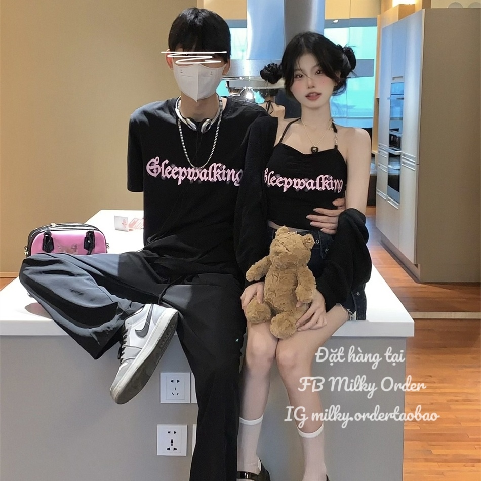 ✖●  Milky Order Set đồ đôi nam nữ áo thun tay lỡ form rộng áo croptop cổ yếm in chữ hot trend Hàn Quốc ulzzang