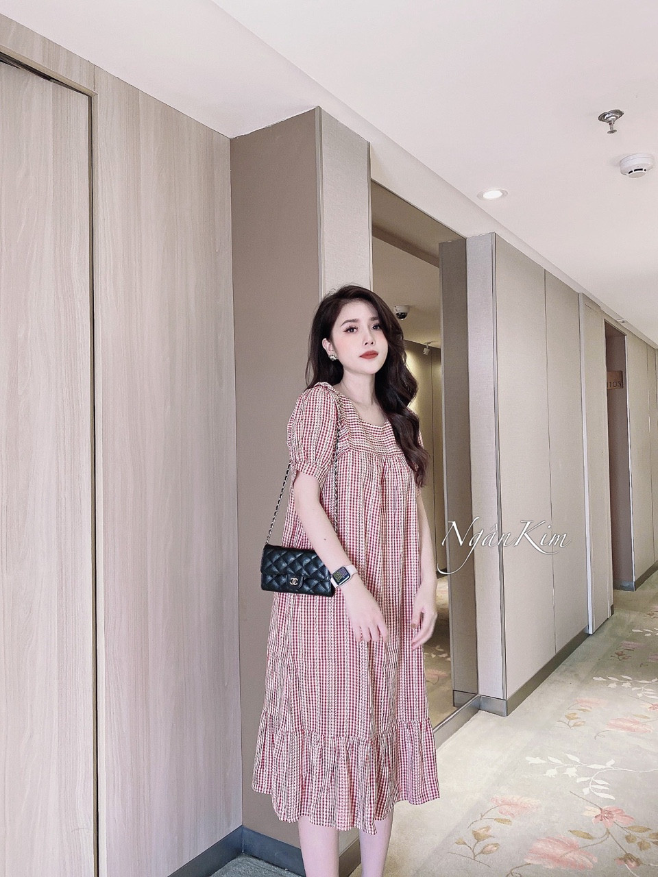Đầm bầu công sở-Váy bầu suông a chấm bi thiết kế tay bồng trẻ trung,năng động cho mẹ bầu