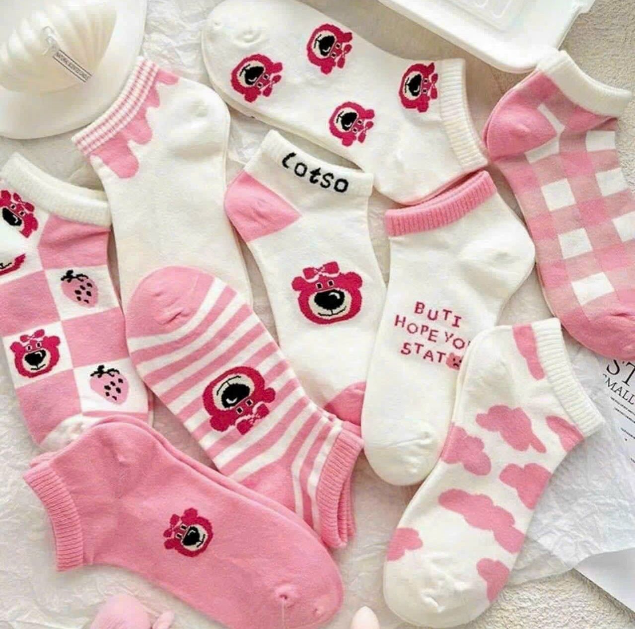 Set 5 đôi tất vớ cổ ngắn gấu dâu hồng freesize cho nữ