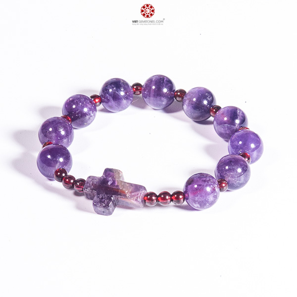 [HCM]Vòng Chuỗi Mân Côi Thạch anh tím 10mm phối Garnet 05mm