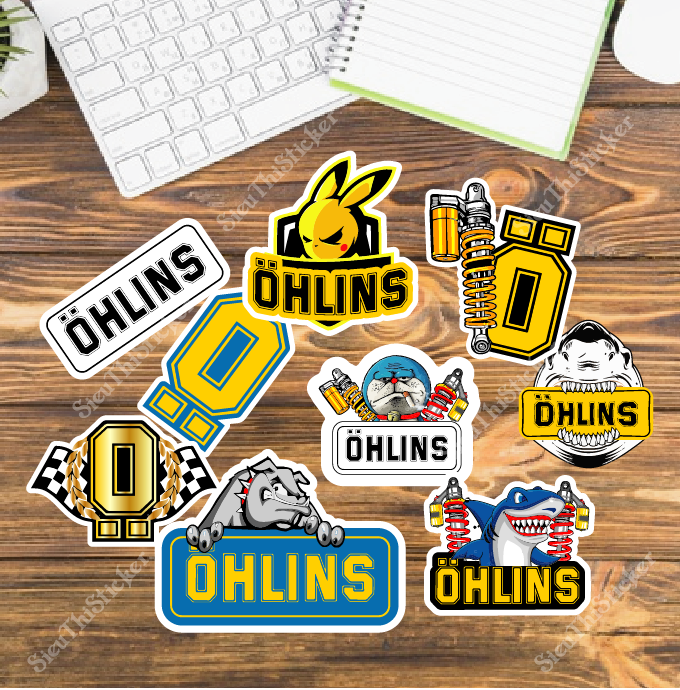 Combo 32 hình (16 cặp) tem dán decal chống nước logo Ohlins trang trí dán xe máy, nón bảo hiểm, được cắt sẵn tiện lợi