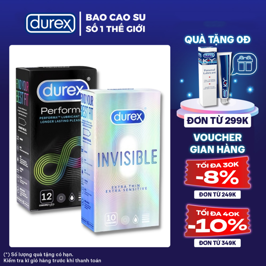 2 Hộp Bao cao su nam  Durex Invisible Extra Thin cực siêu mỏng + Durex Performa kéo dài thời gian quan hệ [Che tên SP 100%]