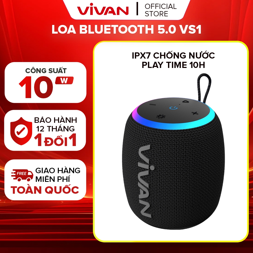 (BH 1 năm) Loa Bluetooth 5.3 VIVAN VS15 Đen Công Suất 10W Chống Nước IPX7, Led RGB, Playtime Lên Đến 10H