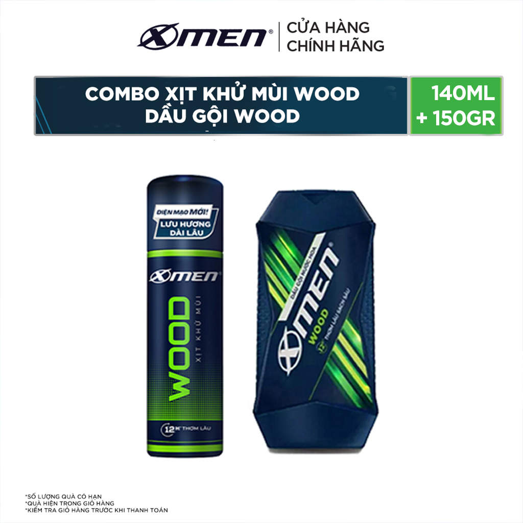 Combo xịt khử mùi x-men wood 140ml + dầu gội nước hoa x-men wood 150g