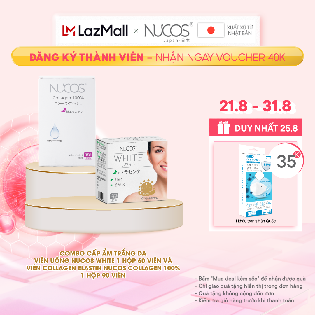 Combo cấp ẩm trắng da viên uống Nucos White 1 hộp 60 viên và Viên collagen elastin Nucos Collagen 100% 1 hộp 90 viên