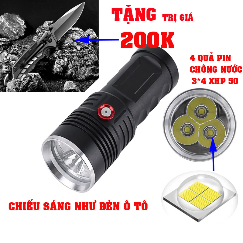 Đèn Pin siêu sáng Chiếu xa đến 9 tầng mây (3 XHP50) 4 pin,Tặng Quà 200k, Đèn pin Chống nước ip64, đèn pin sạc siêu sáng. đèn pin dã ngoại(poloma)