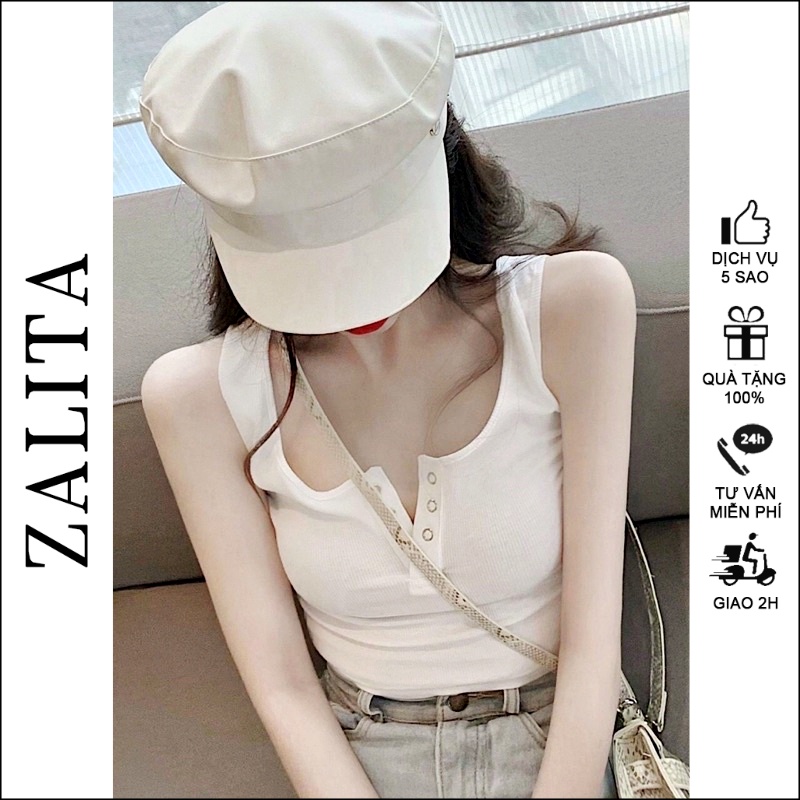 Áo croptop nữ ôm body áo ba lỗ có cúc nữ co giãn tốt len gân zalita a007