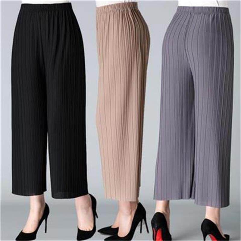 Đầm Nữ Trung Niên Mùa Hè Quần Lửng Phong Cách Hàn Quốc Quần Voan Xếp Li Quần Ống Rộng Thon Gọn Dáng Rộng Cạp Cao Màu Trơn Thường Ngày Ngoại Cỡ