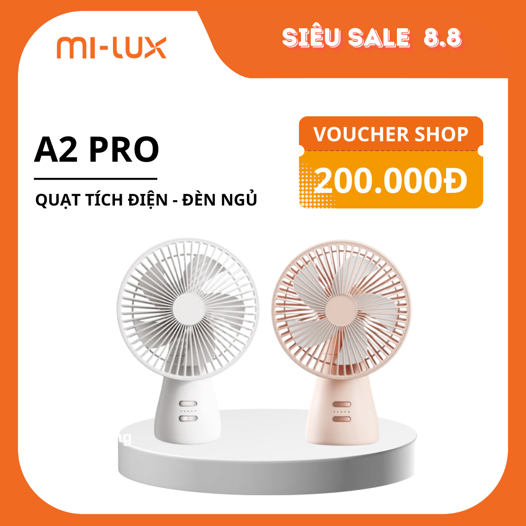 Quạt tích điện Mi-Lux A2 Pro, Động cơ Dc 10w, tích điện chạy liên tục 3-6 tiếng