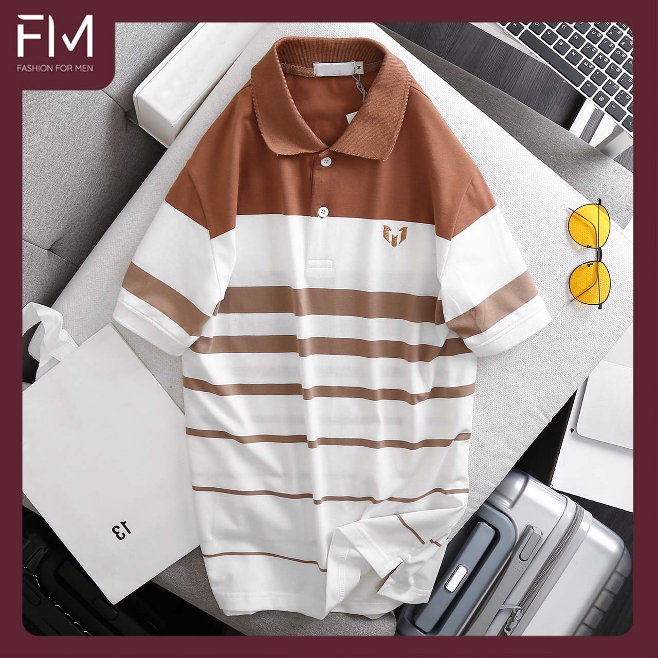 Áo thun nam ngắn tay cổ bẻ sọc ngang logo trước ngực lịch lãm - FORMEN SHOP - FMPS144