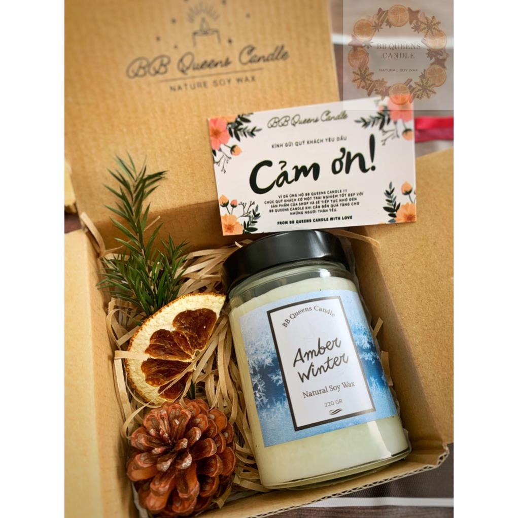 Quà tặng nến thơm handmade hũ 220gr, gói set như hình, hương tinh dầu thơm 4 mùa