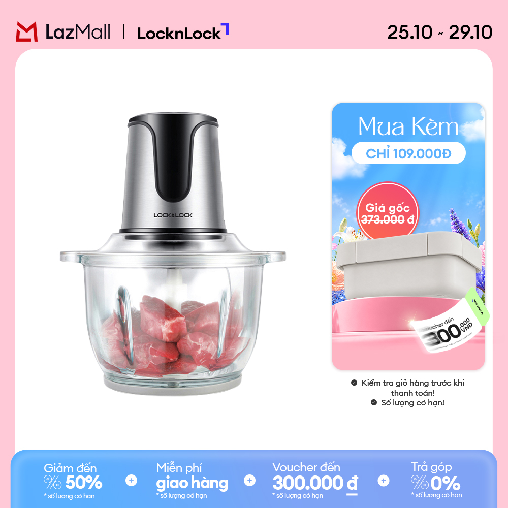 EJM171 - Máy xay thịt đa năng LockLock 2L 300W - Cối thủy tinh, Lưỡi dao kép thép không gỉ, 2 cấp độ xay - chính hãng - Bảo hành 2 năm