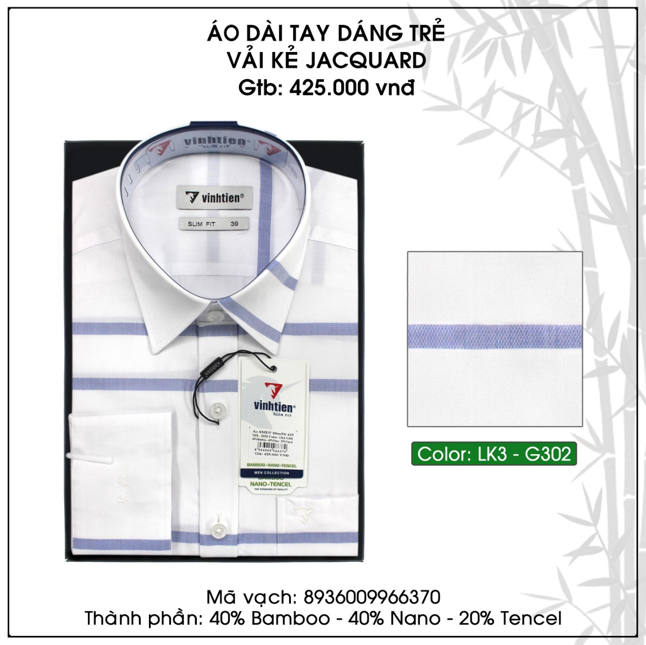 Áo Sơ Mi Nam Dài Tay Bamboo Dáng Slimfit Vĩnh Tiến G302