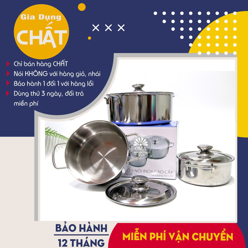 Bộ 3 nồi inox sharp - bộ 3 nồi inox chống gỉ cao cấp 24cm 20cm 16cm - dùng được bếp từ tiện dụng vô cùng