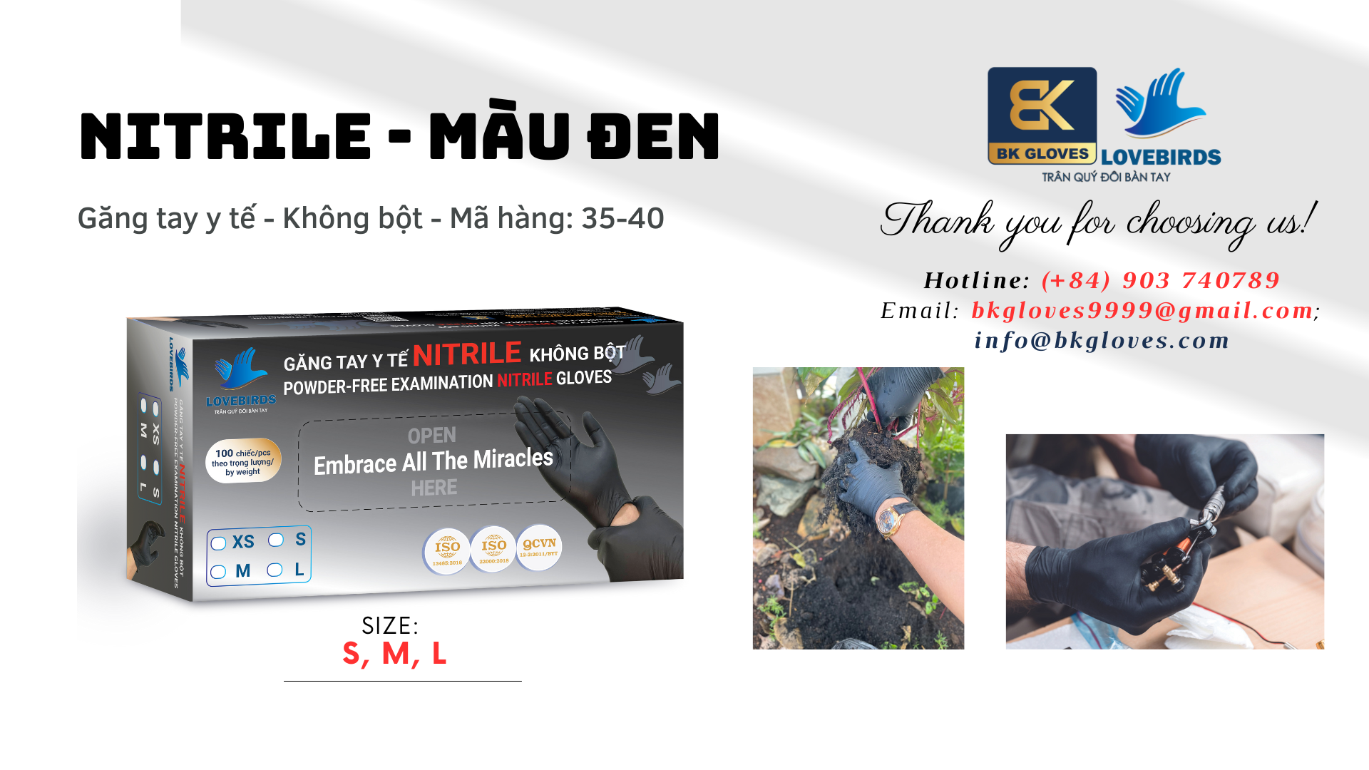 Găng tay y tế nitrile không bột - màu đen - mã hàng 30_35 - lovebirds - bk gloves