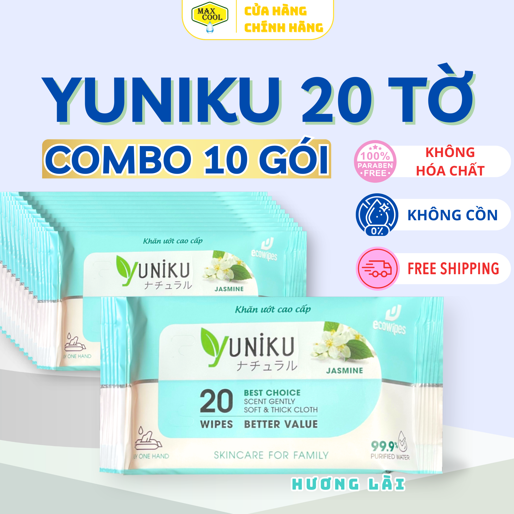 Combo 10 gói Khăn giấy ướt cao cấp 20 Tờ hương lài Yuniku