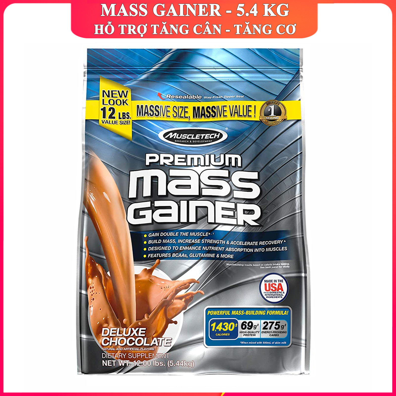Sữa tăng cân tăng cơ Premium Mass Gainer của Muscle Tech bịch lớn 5.4 kg hỗ trợ tăng cân tăng cơ nạc nhanh cho người tập GYM và chơi thể thao dễ hấp thu không kén người dùng - thuc pham chuc nang