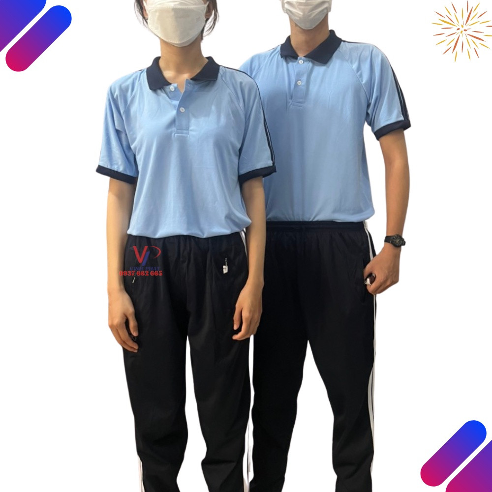 Đồng phục thể dục học sinh nam nữ cấp 2, 3, áo thun thể dục cổ bẻ màu xanh 3 sọc vai, quần thể dục bóng cào - hình thật