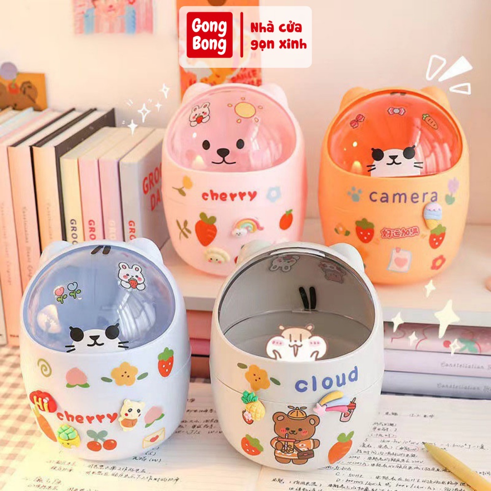 Thùng rác mini có nắp đậy để bàn hình gấu mèo cute sọt đựng rác thông minh dễ thương văn phòng phẩm