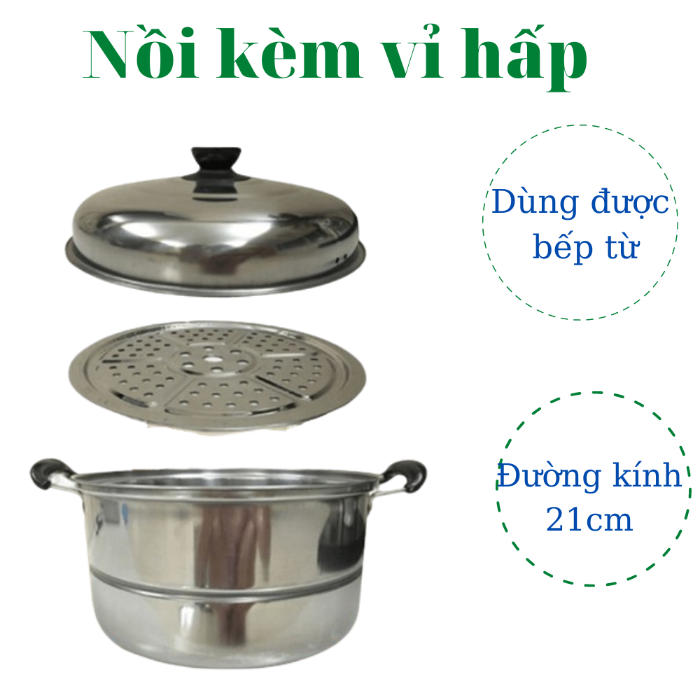 Nồi inox 20cm có khay hấp tiện lợi. Nồi chuyên hấp cách thủy như bánh bao, xôi... cho mọi nhà