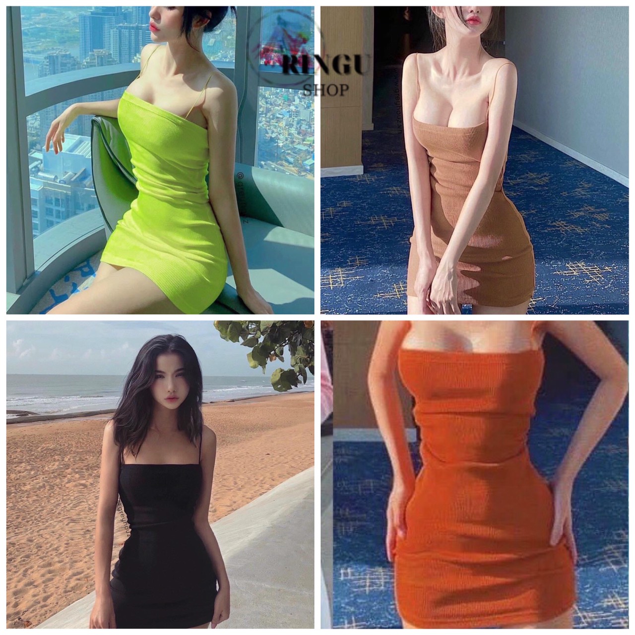 Đầm body 2 dây trơn nhiều màu chất len tăm-ringu shop