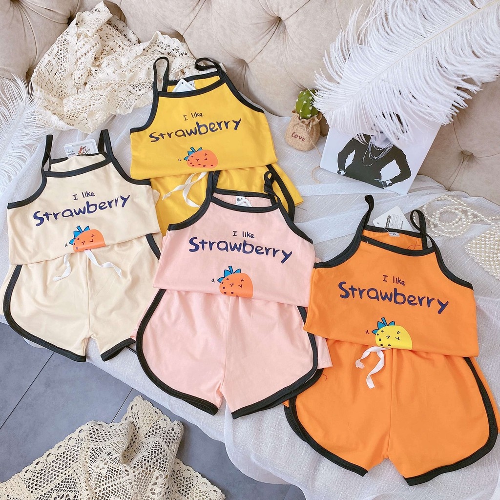 babay BỘ QUẦN ÁO HAI DÂY CHO BÉ GÁI IN HÌNH DÂU TÂY STRAWBERRY SIÊU ĐÁNG YÊU MÃ HD07