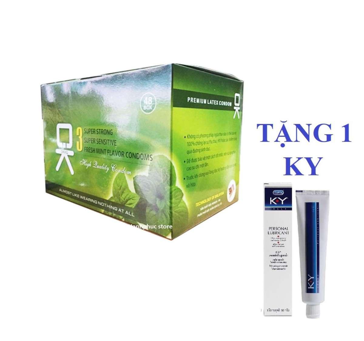 Bộ 1 hộp bao cao su OK Bạc Hà 144c tặng 1 hộp gel bôi trơn KY 50g