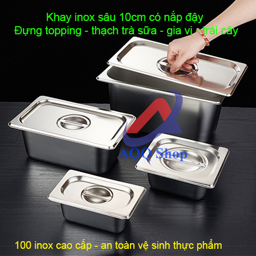 Khay inox chữ nhật sâu 10cm đựng topping, thực phẩm, gia vị