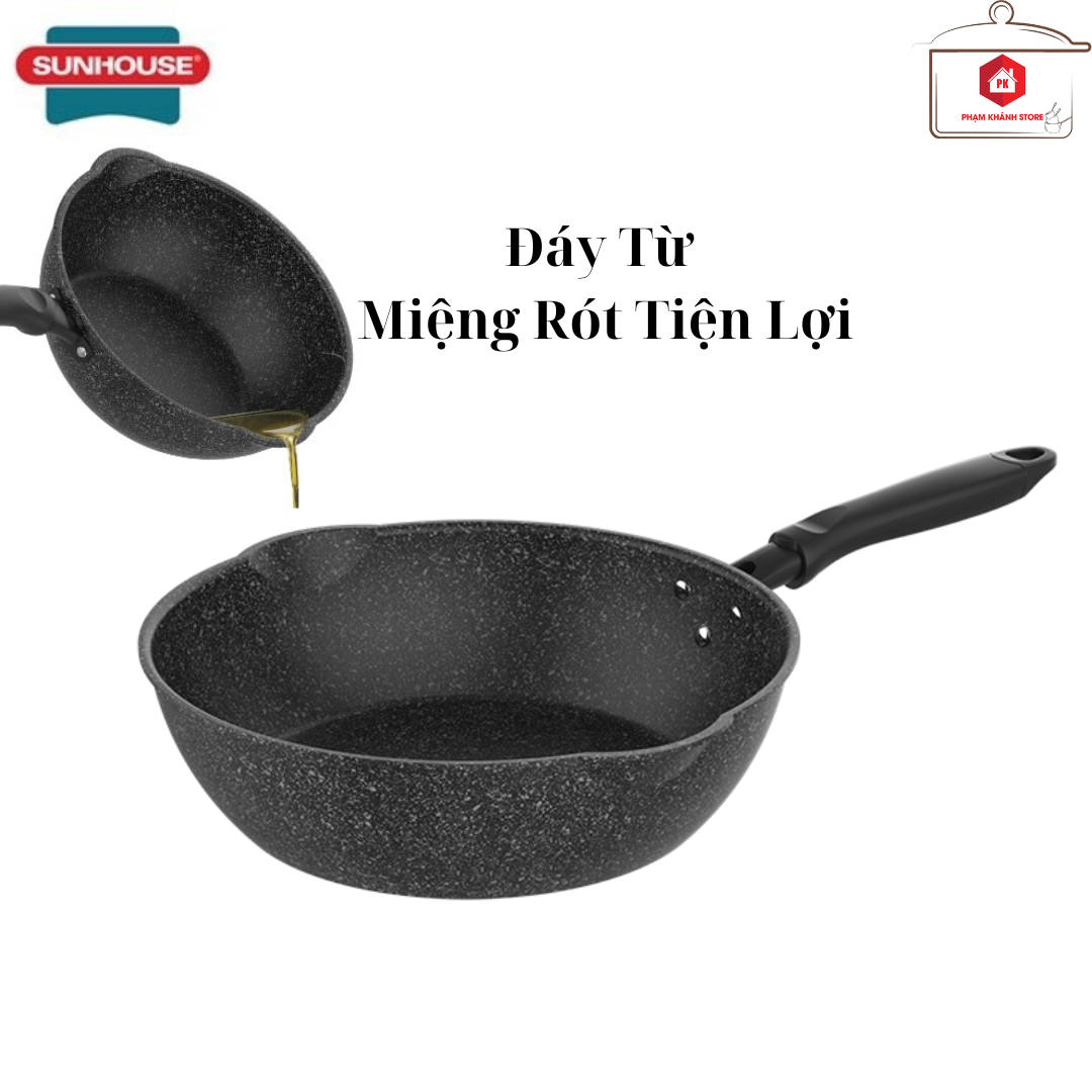 Chảo nhôm sâu lòng chống dính vân đá đáy từ sunhouse miệng rót