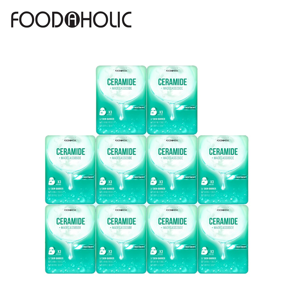 COMBO 10 MIẾNG MẶT NẠ LÀM DỊU, PHỤC HỒI DA MỤN CERAMIDE + MADECASSOSIDE MASK FOODAHOLIC