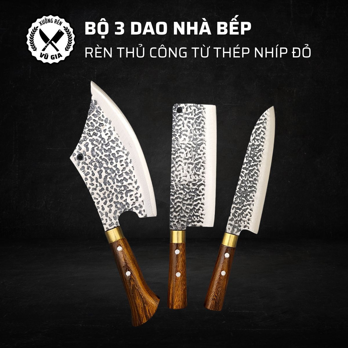 Bộ 3 Dao Thép Nhíp Dập Vân, Chặt Xương, Thái Thịt - Cán Gỗ Cẩm