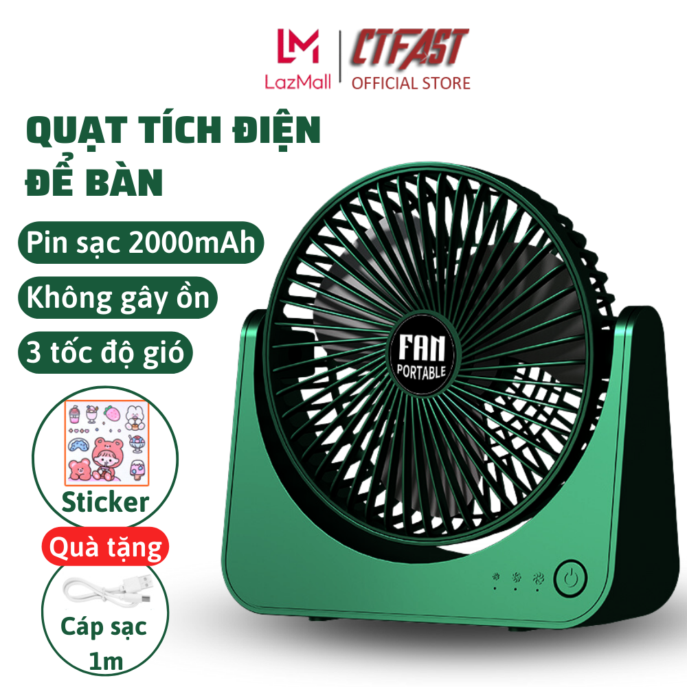 Quạt tích điện để bàn CTFAST V02, quạt mini văn phòng không gây ồn, 3 tốc độ gió, điều chỉnh 270 độ, tặng kèm sticker trang trí, sạc USB - Hàng chính hãng
