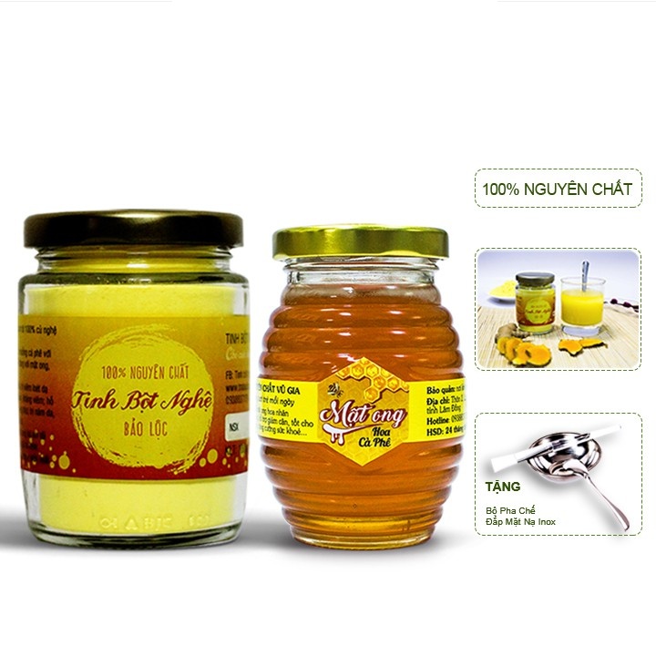 Combo tinh bột nghệ + mật ong hoa cà phê - nguyên chất vũ gia + tặng bộ đắp mặt