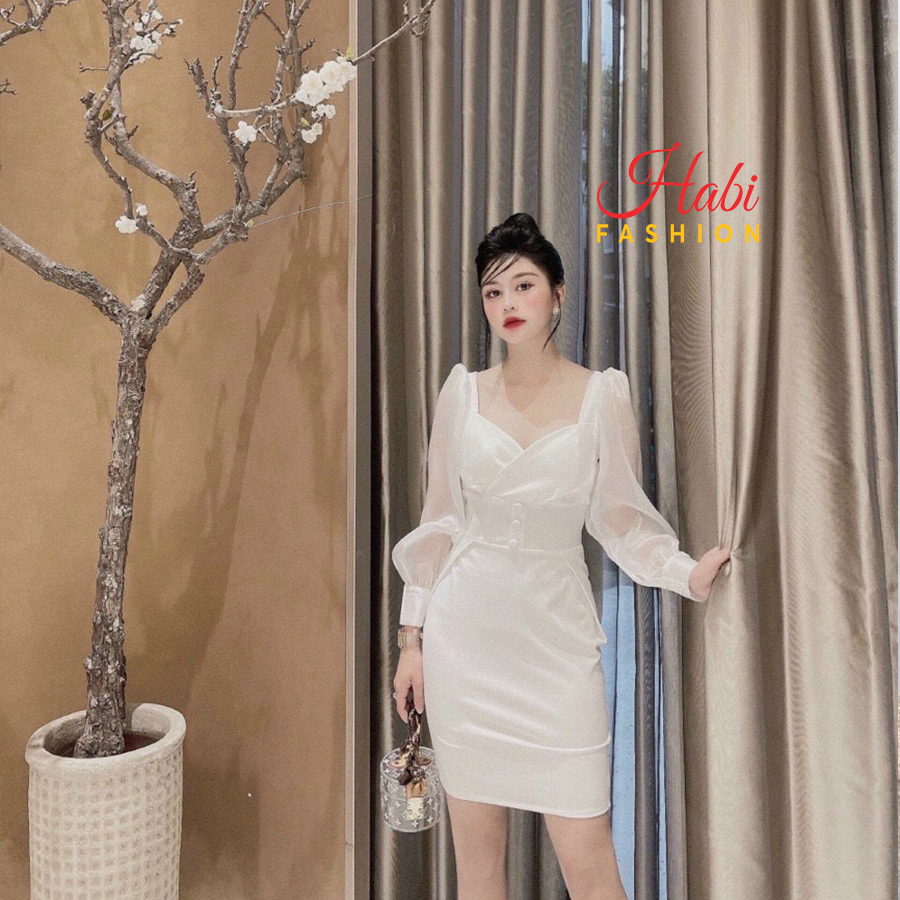 Đầm body nữ chất umi cổ U tay dài tơ Quảng Châu hàng thiết kế cao cấp