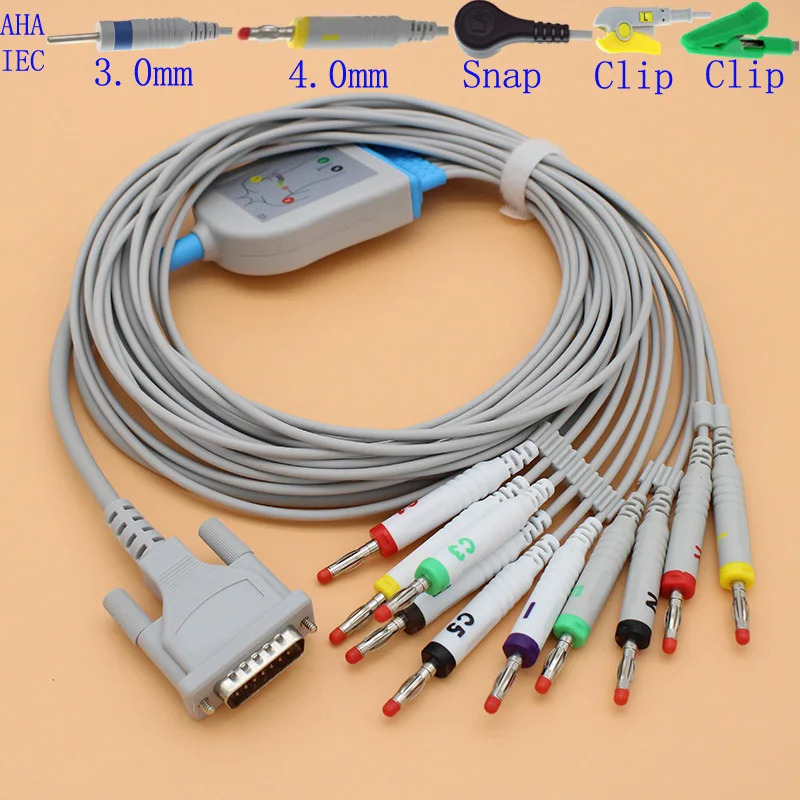 Cáp và dây dẫn điện cực DB15P ECG EKG 10 dây dẫn cho máy theo dõi dấu hiệu sinh tồn bệnh nhân Schiller AT-1/2/3/5/6/60/102 CS 6/100, 10K R