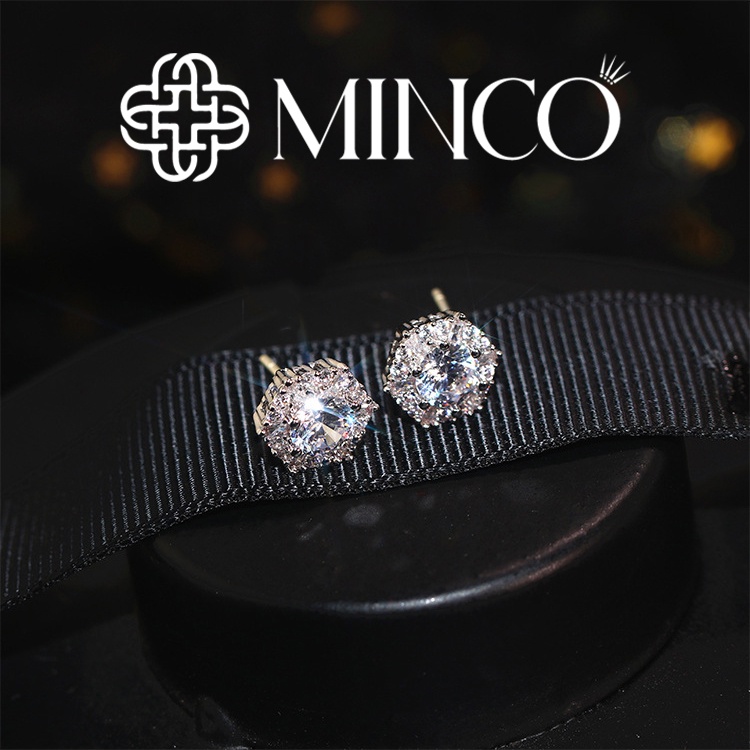 Khuyên tai nam lục giác màu bạc 925 full đá lấp lánh Minco Accessories phong cách hip hop BT239 1 chiếc
