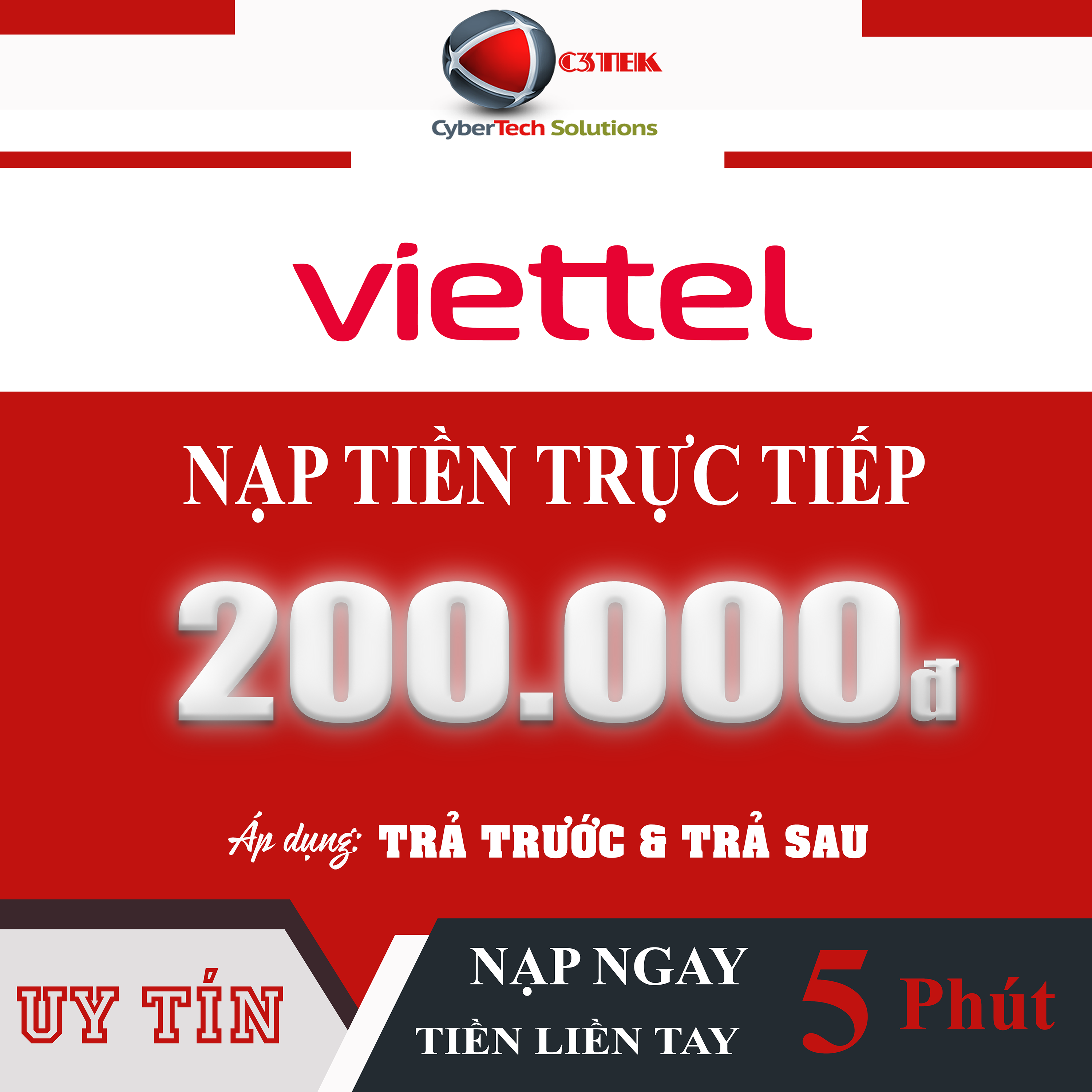 [C3TEK] Nạp tiền VIETTEL 200K (Nạp Thẻ Trực Tiếp vào thuê bao - Không cần OTP) - Áp dụng cho cả trả trước & trả sau