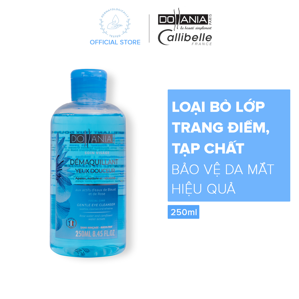 Nước tẩy trang dành cho mắt môi Dollania bổ sung tinh chất nước hoa hồng và hoa ngô giúp làm sạch và dịu nhẹ cho da 250ml