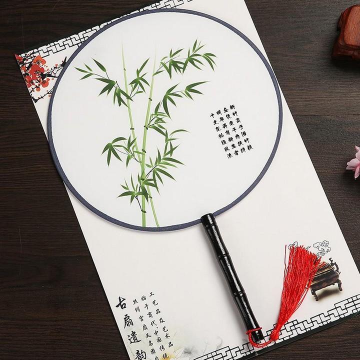 Quạt tròn cổ phong dây tuyến cán đen cổ trang quà tặng trang trí trưng bày nhà cửa đẹp