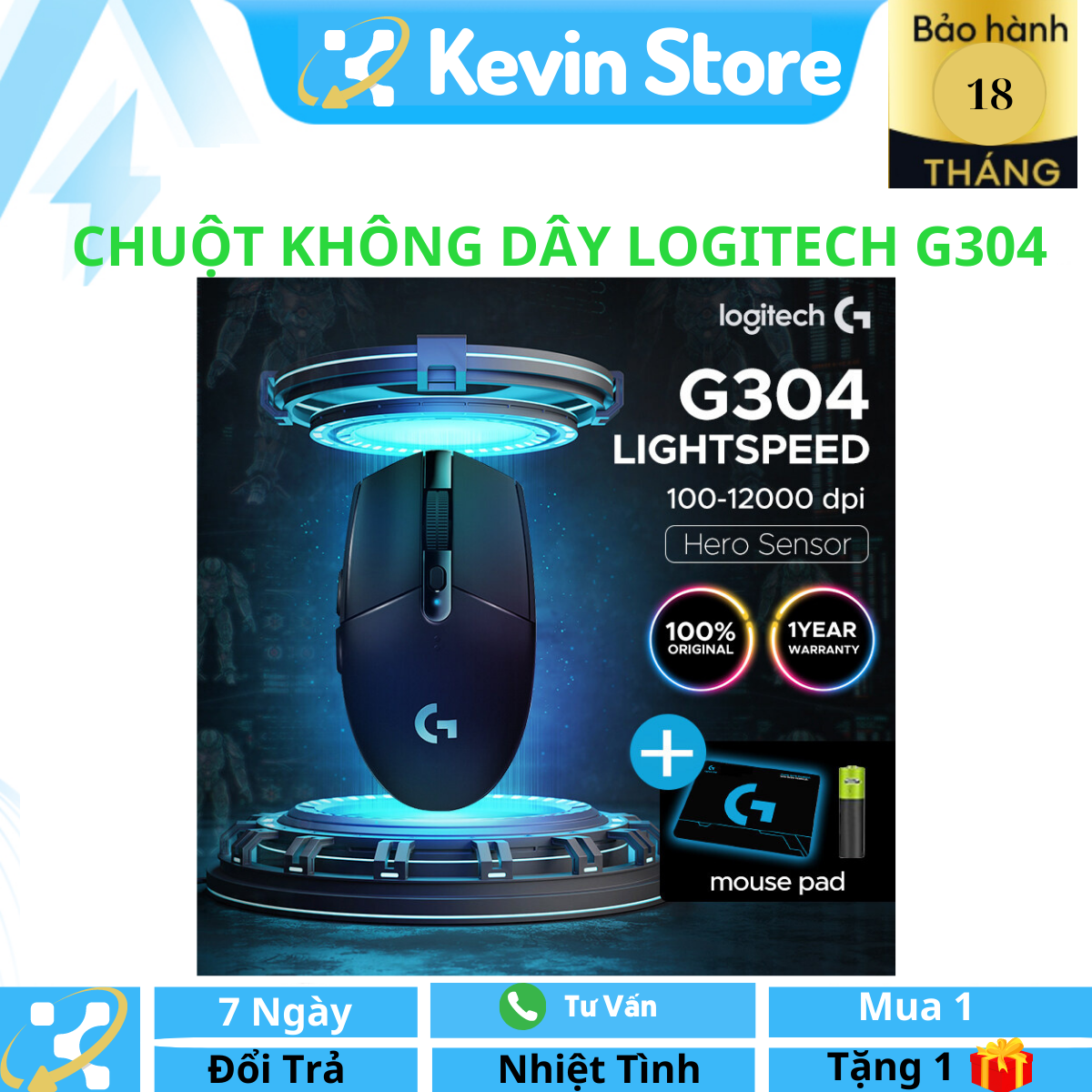 Chuột không dây logitech g304. chuột chơi game không dây g304 lightspeed - cảm biến hero, 12k dpi, nhẹ, 6 nút lập trình, on-board memory, pin 250h. bảo hành toàn quốc 12 th