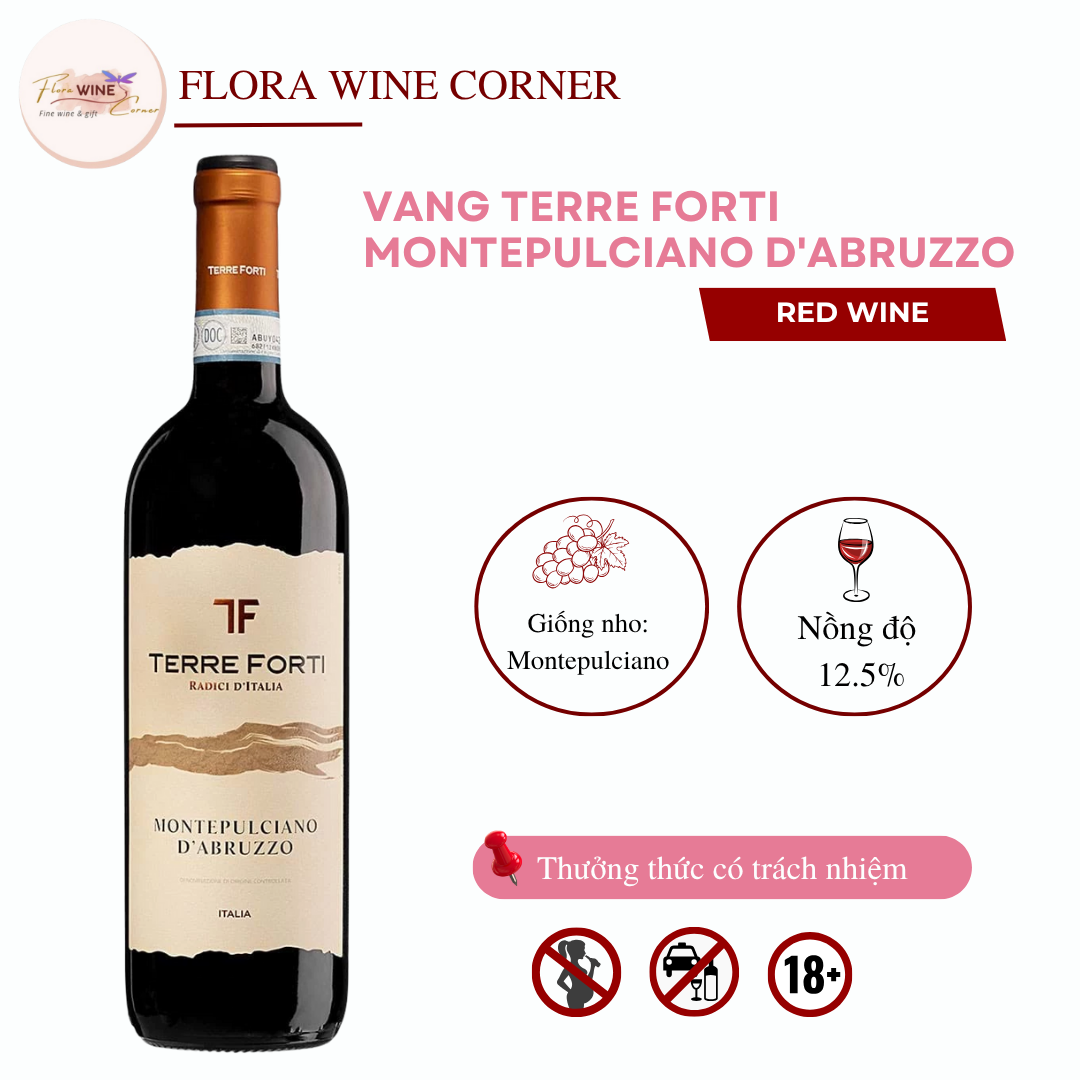 Rượu vang đỏ Ý Terre Forti Montepulciano D’Abruzzo DOC– Nồng độ 12.5% Alc, 750ml - Nhập khẩu Chính Hãng
