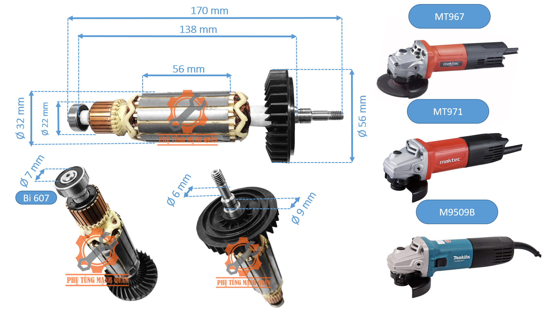 Rotor/ruột máy mài maktecc mt967 mt969 mt971 9509 tặng kèm chổi than cao cấp