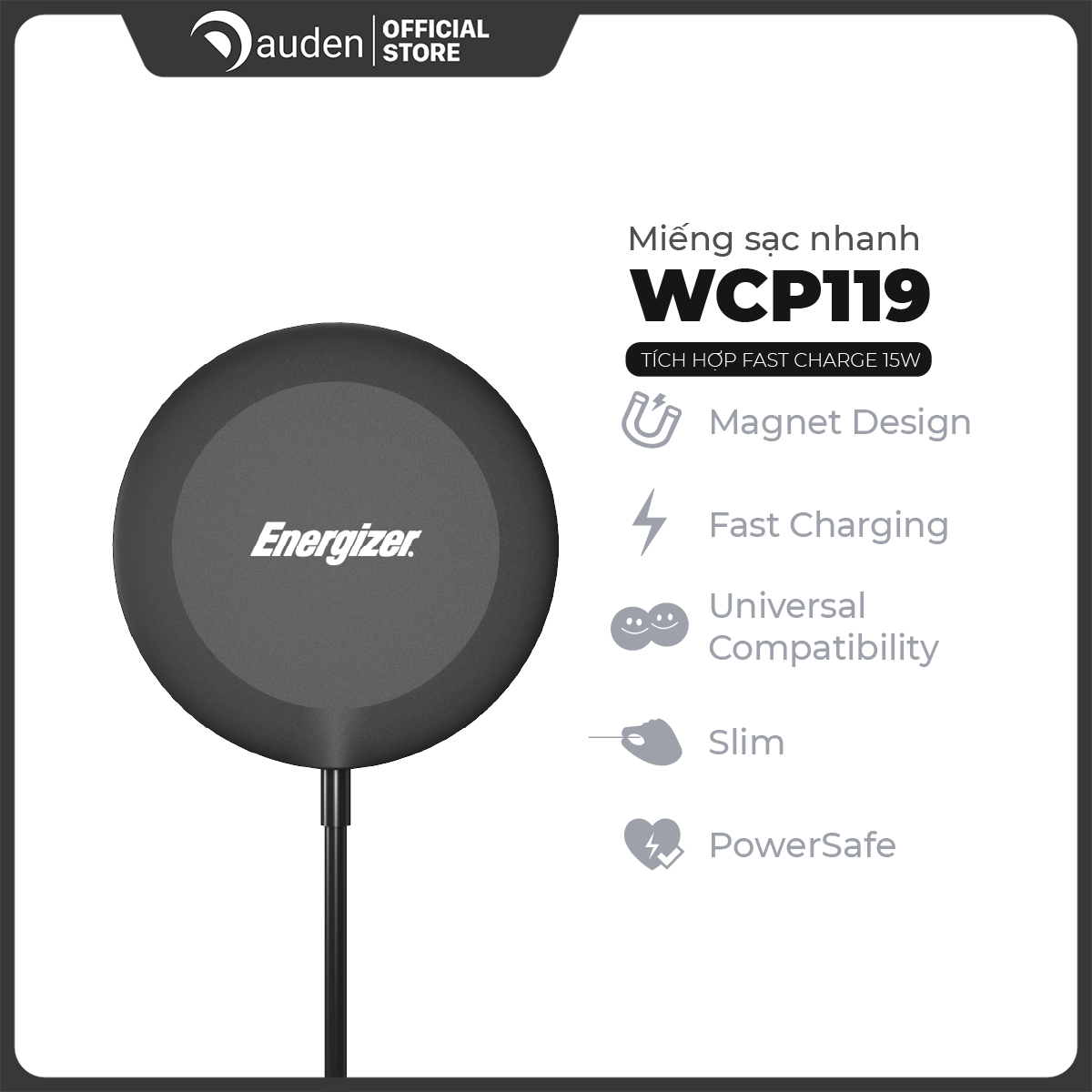 Miếng sạc Energizer MagPAD 15W kèm cáp TypeC WCP119 - Thiết kế từ tính, siêu mỏng, sạc nhanh - Hàng chính hãng