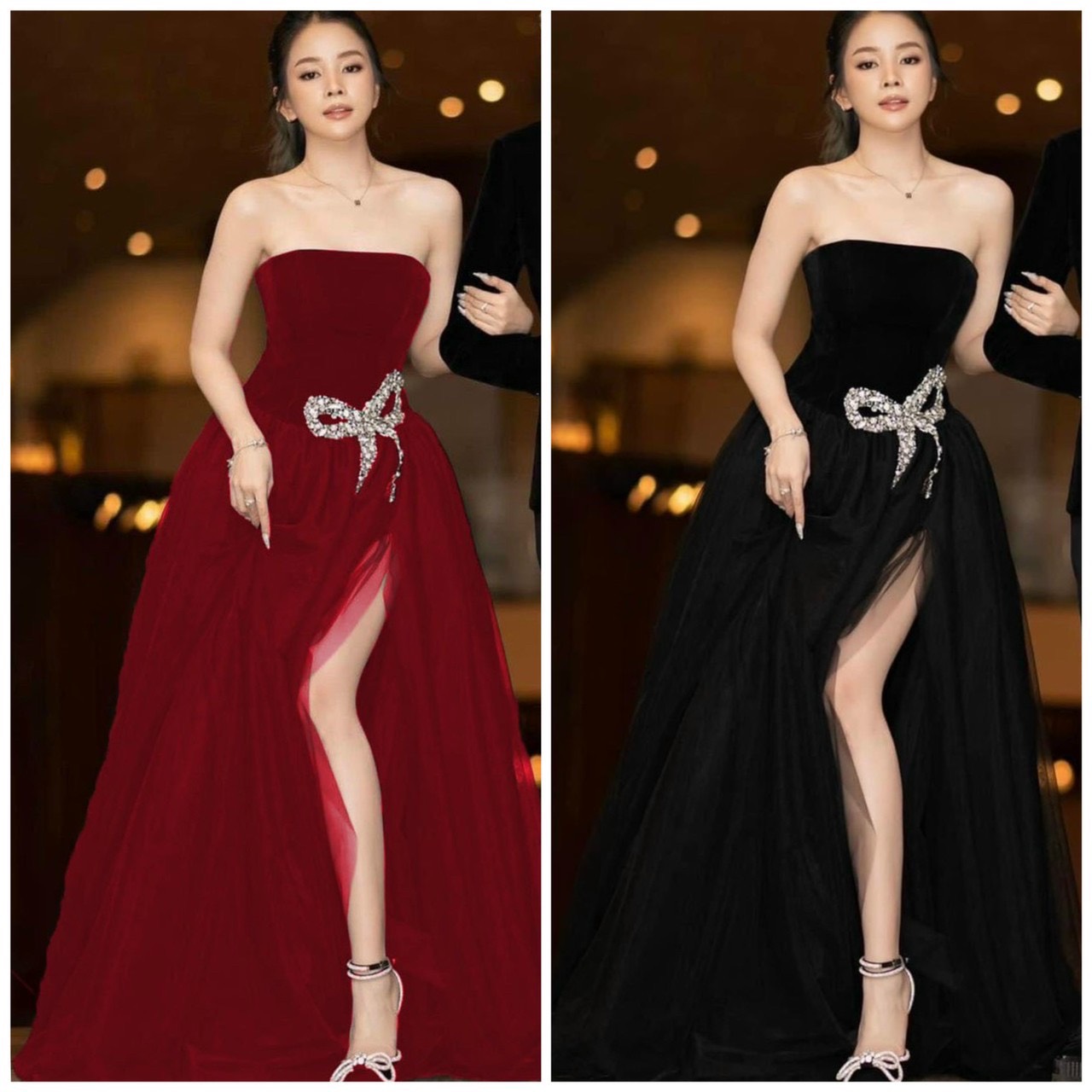 Đầm maxi dự tiệc cúp xẻ đùi kết cườm nơ lấp lánh eo tttdress - ms204y