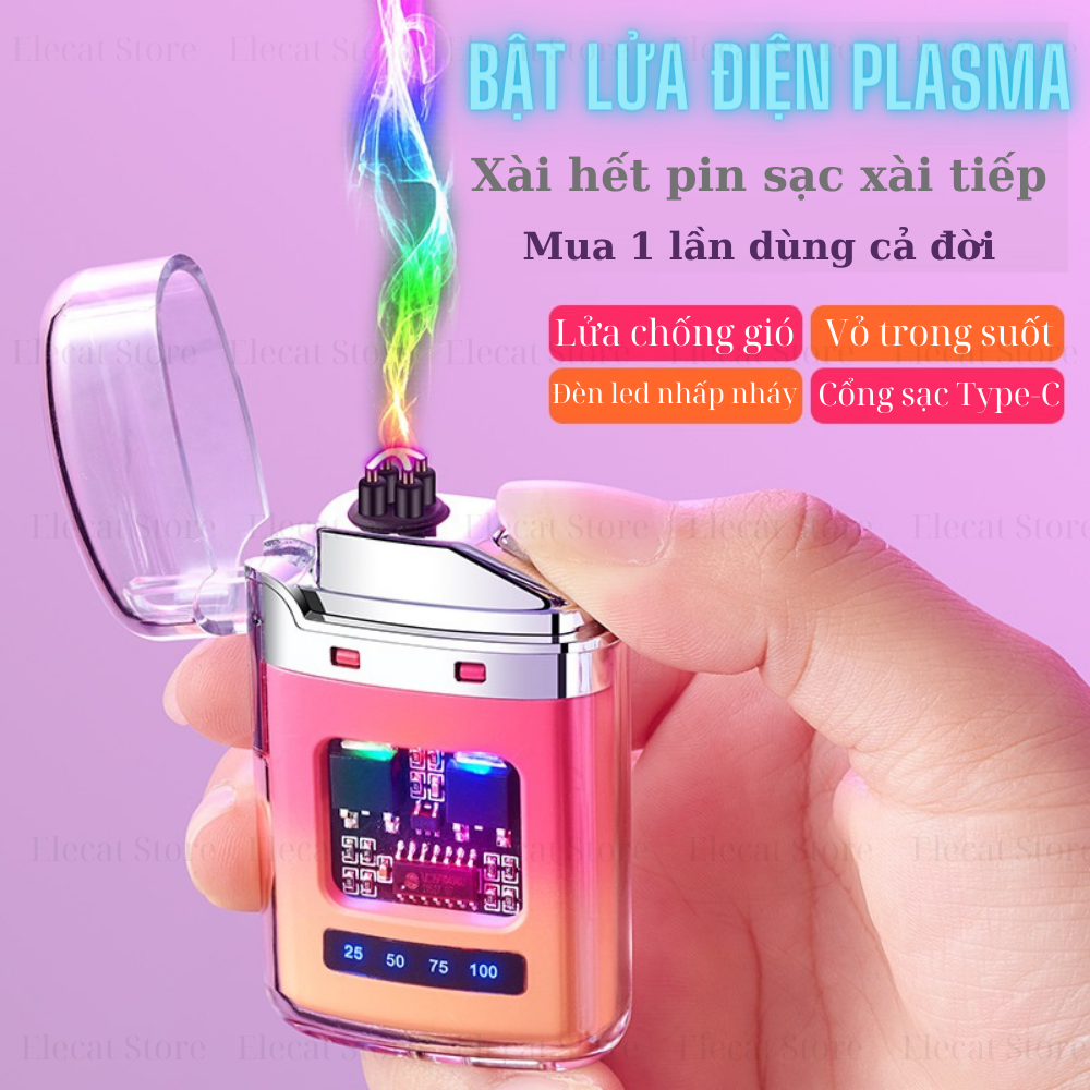 Hộp quẹt điện tử trong suốt tạo tia lửa plasma 4 tia, led nhiều màu quản lý dung lượng pin, hộp quẹt