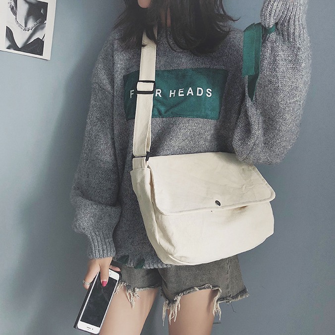 [HCM]TÚI TOTE ĐEO CHÉO UNISEX NAM NỮ - VẢI DỆT CANVAS [ CÓ TÚI CON] MÀU BE - ĐEN - PHONG CÁCH ULZZANG