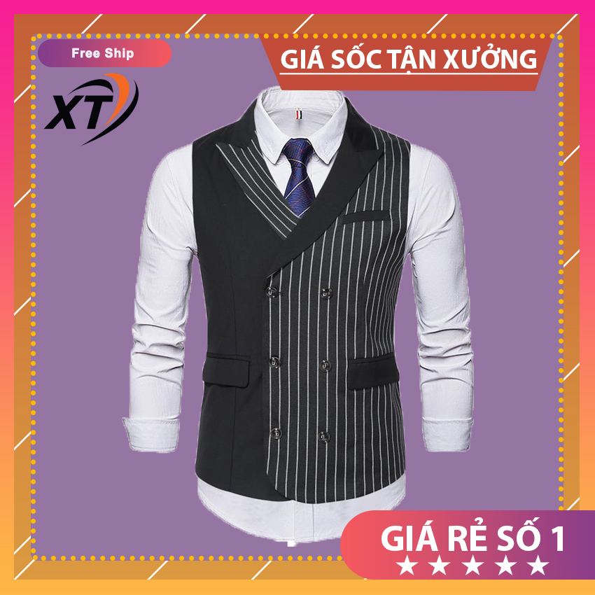 Áo gile, áo gile nam áo cổ vest họa tiết kẻ sọc, 2 màu đen xám chuẩn quý ông mã h65