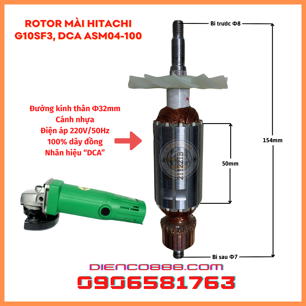 (Hàng DCA) Rotor mài Hitachi G10SF, G10SF2, G10SF3, G10SB, G10SB1 Cánh sắt 220V - Tặng chổi than
